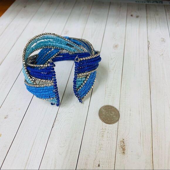 Blue and Silver Beaded Cuff Bracelet - Picture 2 of 2